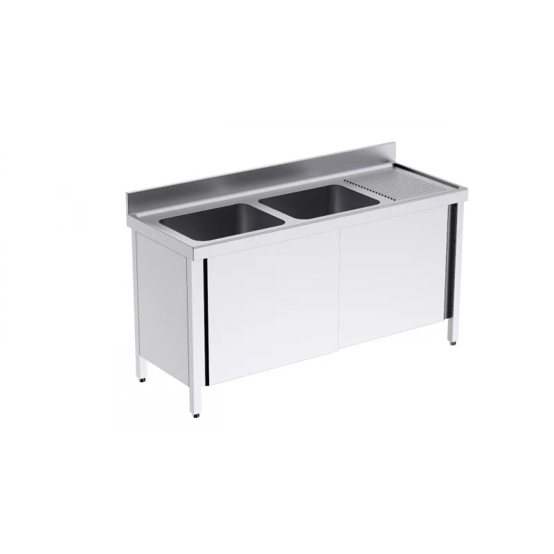Bon Marché Plonge 2 Bacs avec Portes Coulissantes et Egouttoir à Droite - L1600 x P 600 mm