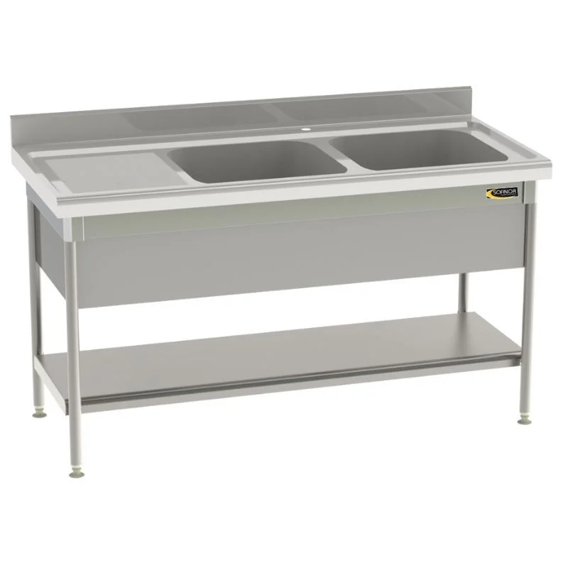 Plonge Standard 2 Bacs et Egouttoir à Gauche avec Etagère Pleine et Cache-Cuve - P 700 - L 1600 mm Dernier Modèle