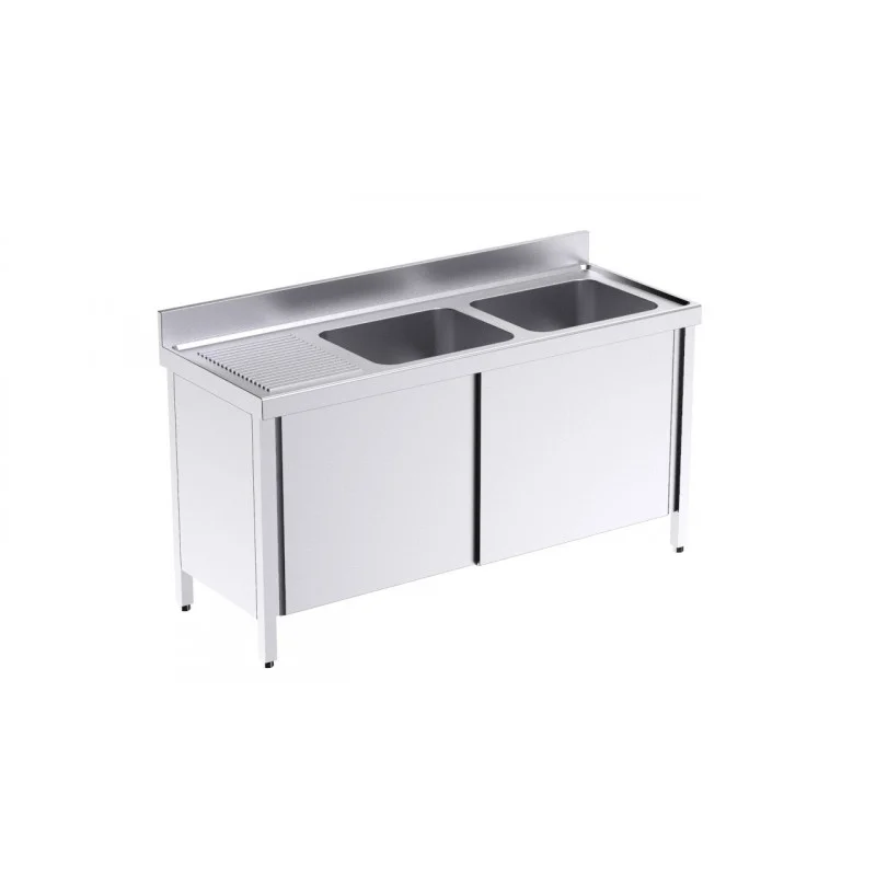 Achetez Aujourd’hui Plonge 2 Bacs avec Portes Coulissantes et Egouttoir à Gauche - L 1800 x P 600 mm