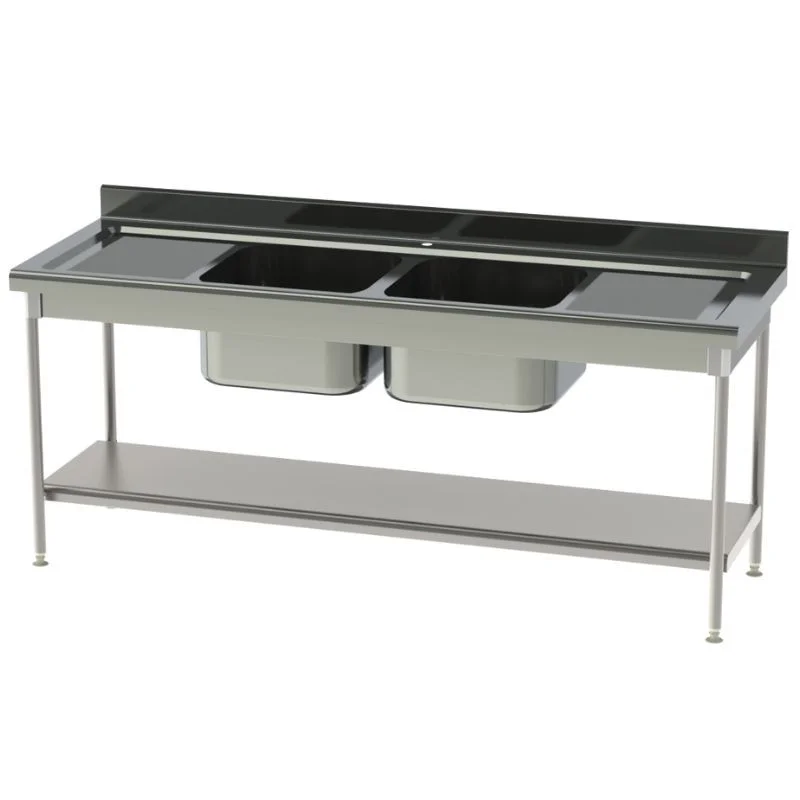 Plonge Standard 2 Bacs et 2 Egouttoirs avec Etagère Pleine - P 700 - L 2100 mm Nouvel Arrivage