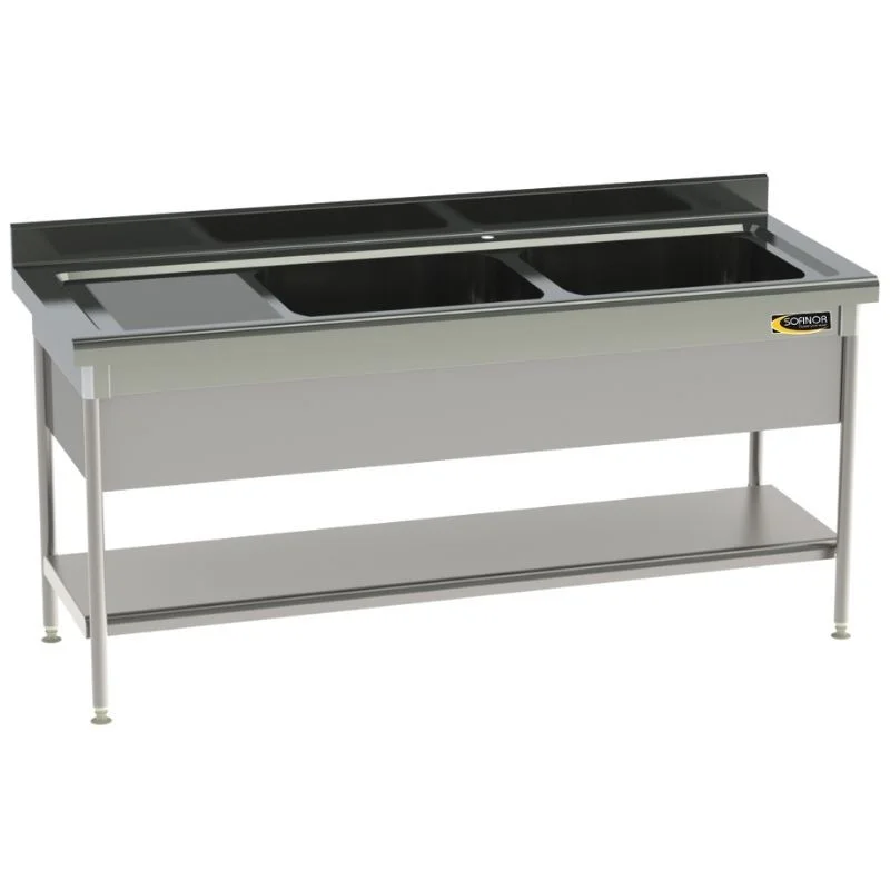 Plonge 2 Bacs et Egouttoir à Gauche avec Cache-Cuve et Etagère Pleine - P 700 - L 1900 mm Meilleure Vente