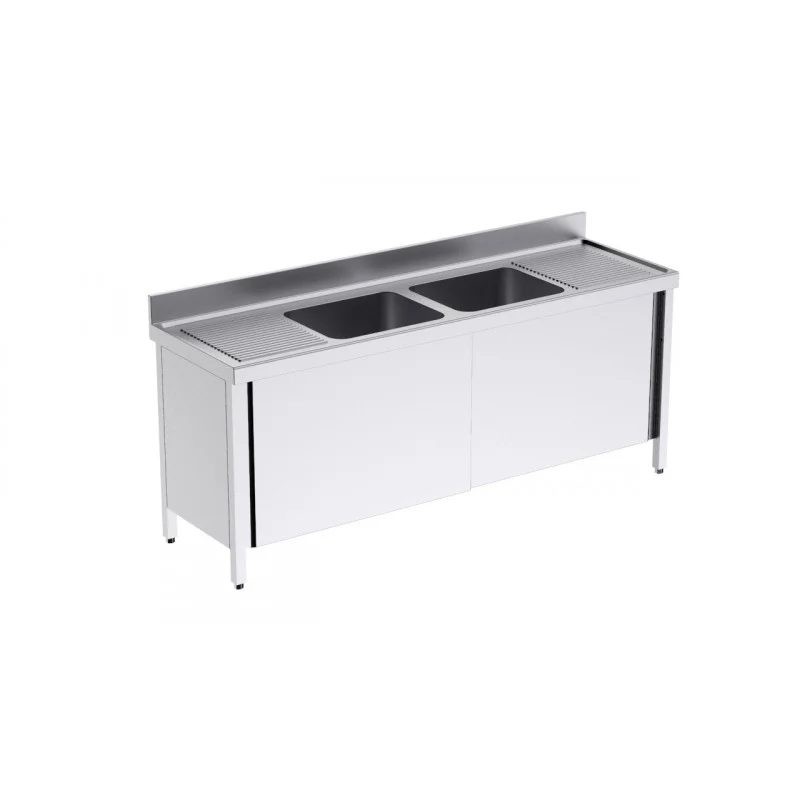 Plonge 2 Bacs avec Portes Coulissantes et Egouttoirs à Droite et à Gauche - L 2000 x P 600 mm Retour Gratuit