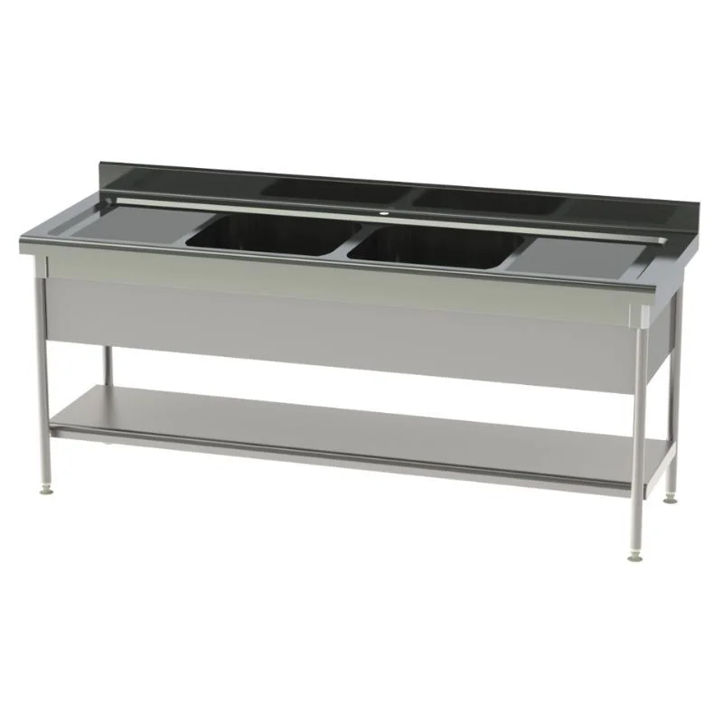 Plonge Standard 2 Bacs et 2 Egouttoirs avec Etagère Pleine et Cache-Cuve - P 700 - L 2100 mm Super Prix