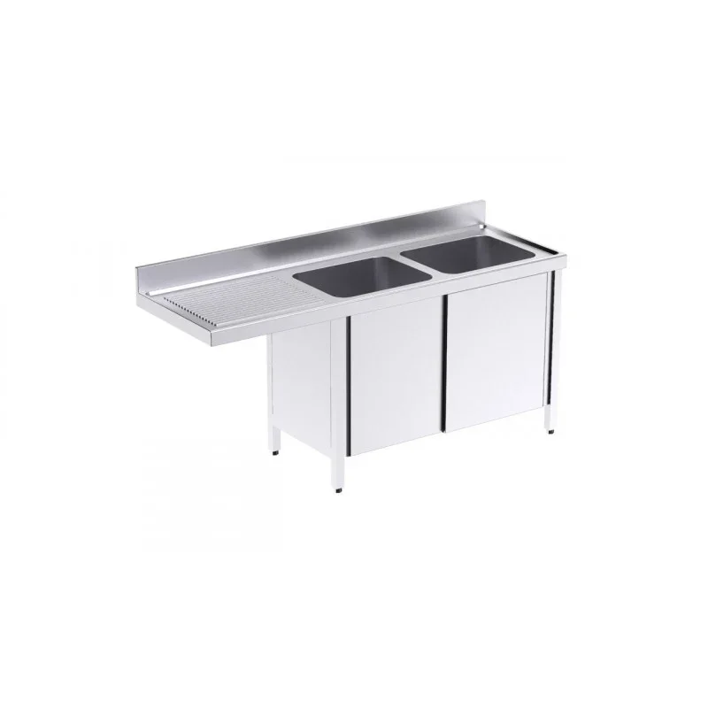 Vente Directe Plonge 2 Bacs avec Portes Coulissantes et Passage pour Lave-Vaisselle à Gauche - L 1800 x P 700 mm