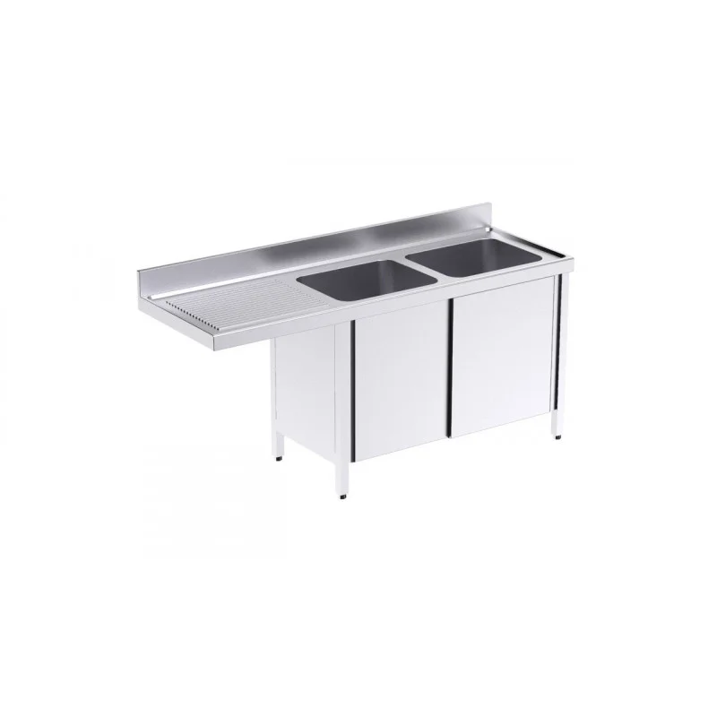 Plonge 2 Bacs avec Porte Coulissante et Passage pour Lave-Vaisselle à Gauche - L 1800 x P 600 mm Dernier Modèle