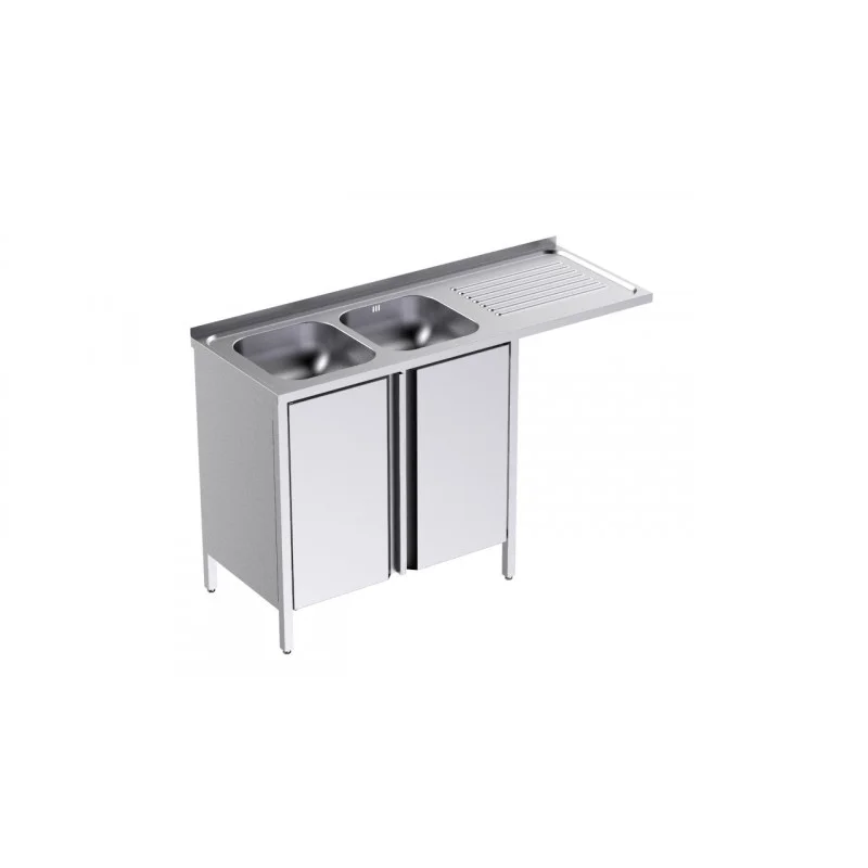 Meilleur Prix Plonge 2 Bacs avec Portes et Passage pour Lave-Vaisselle à Droite - L 1350 x P 500 mm