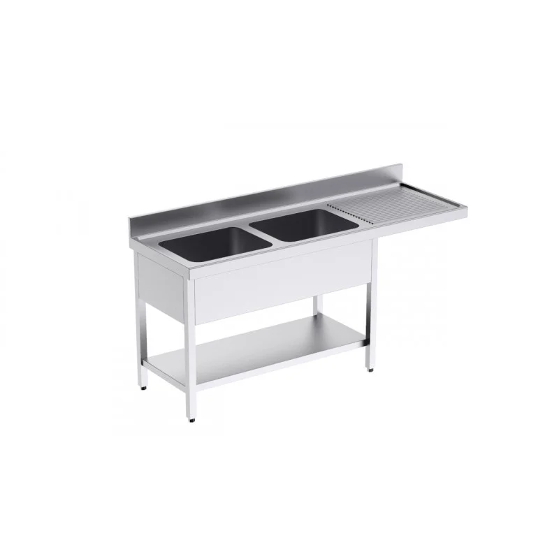 Plonge 2 Bacs avec Etagère et Passage pour Lave-Vaisselle à Droite - L 1800 x P 700 mm Retour Gratuit