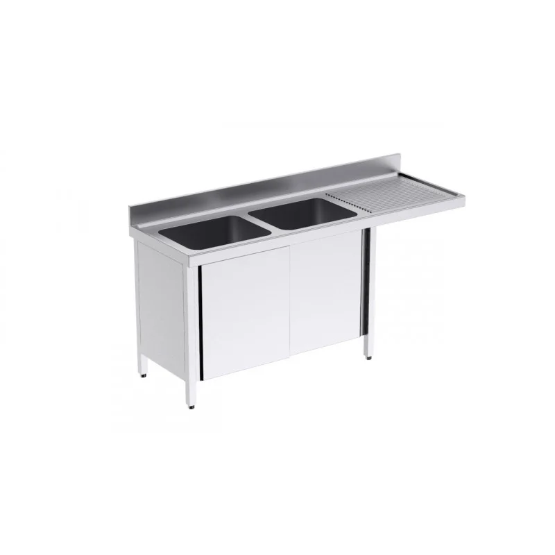 Promotion Plonge 2 Bacs avec Portes Coulissantes et Passage pour Lave-Vaisselle à Droite - L 1800 x P 600 mm