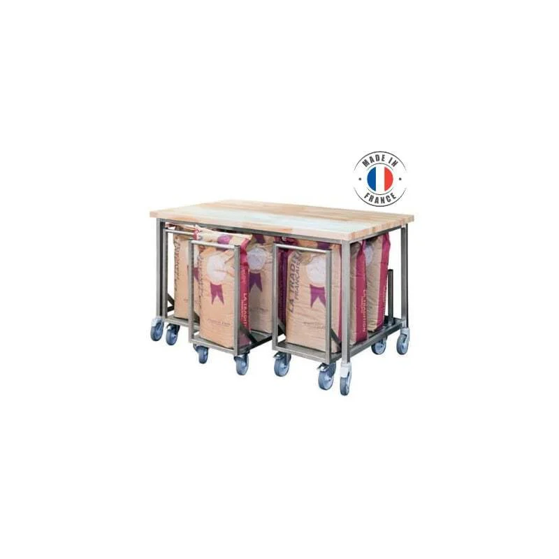 Table de Boulangerie avec Chariots Porte-Sacs Farine avec Roulettes - L 1600 mm Offre Limitée