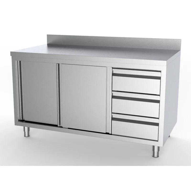 Meuble Inox Bas avec Dosseret - 2 Portes et 3 Tiroirs à Droite - L 1400 x P 700 mm Paiement Sécurisé