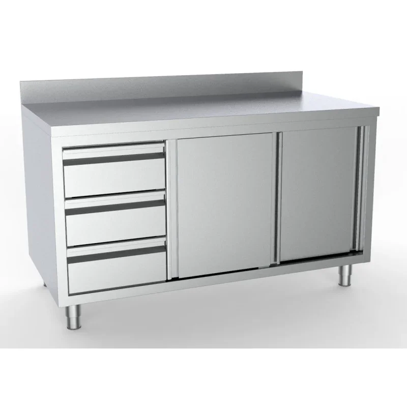 Meuble Inox Bas avec Dosseret- 2 Portes et 3 Tiroirs à Gauche - L 1800 x P 700 mm Bon Plan