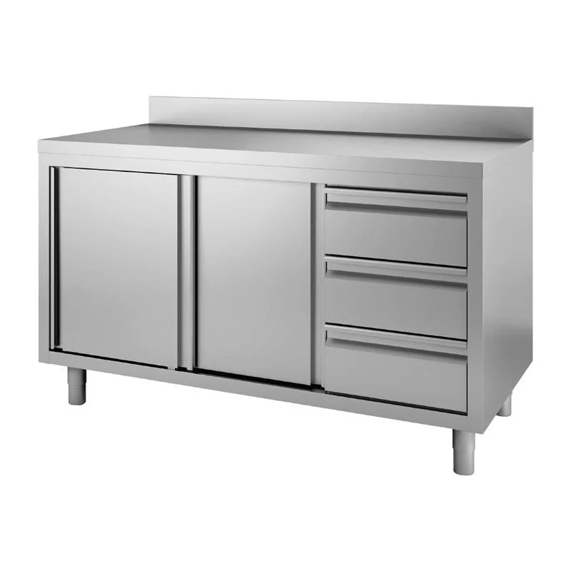 Table Armoire en Inox avec Dosseret 3 Tiroirs À Droite et Portes Coulissantes - L 1200 x P 700mm Expédié Aujourd’hui