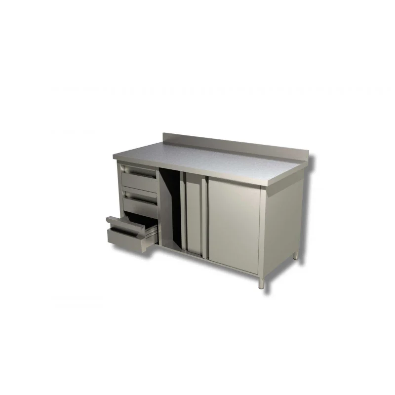 Commande En Gros Meuble Inox avec Dosseret, 3 Tiroirs à Gauche et Portes Coulissantes - L 2000 x 600 mm