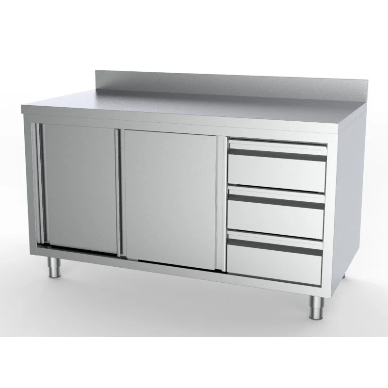 Meuble Inox Bas avec Dosseret GN 1/1 - 2 Portes et 3 Tiroirs à Droite - L 2000 x P 700 mm Haute Qualité