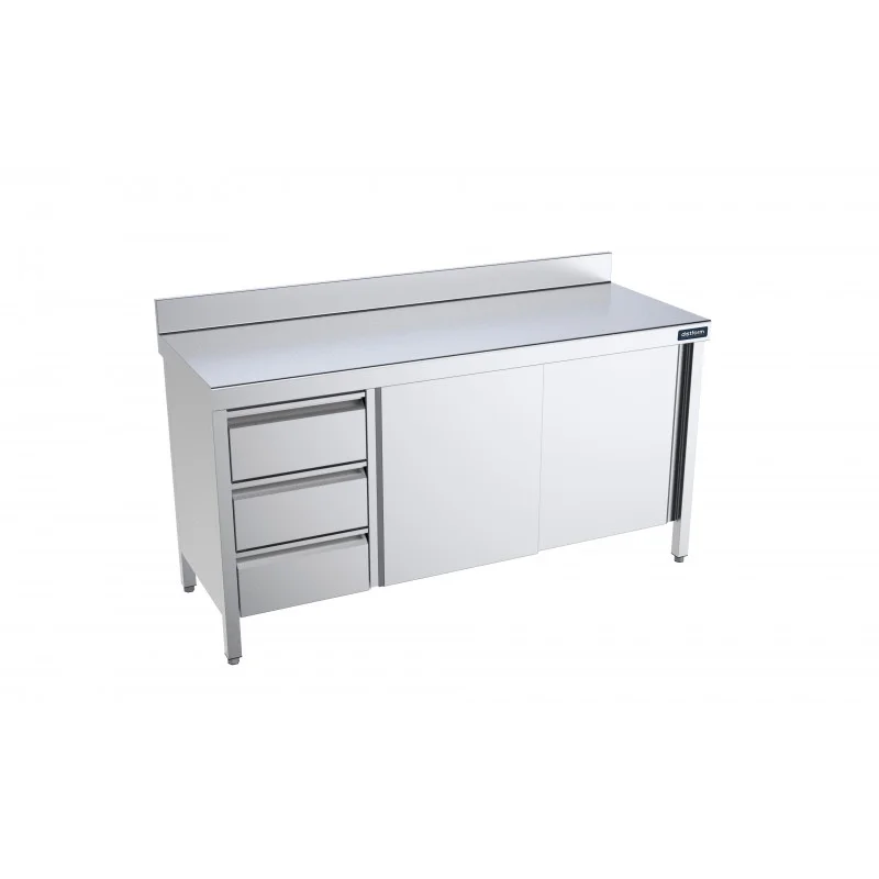 Meuble Inox Bas avec Portes Coulissantes, Dosseret et Tiroirs à Gauche - L 2000 x 600 mm Offre Spéciale