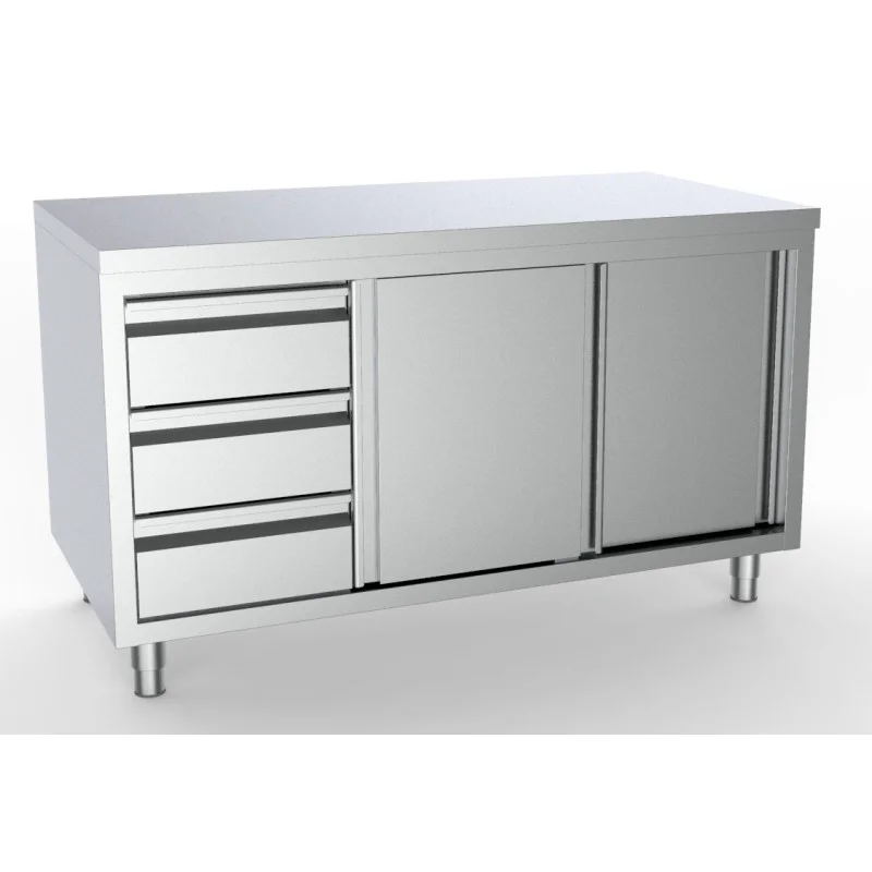 Nouvel Arrivage Meuble Inox Bas - 2 Portes et 3 Tiroirs à Gauche - L 1600 x P 700 mm