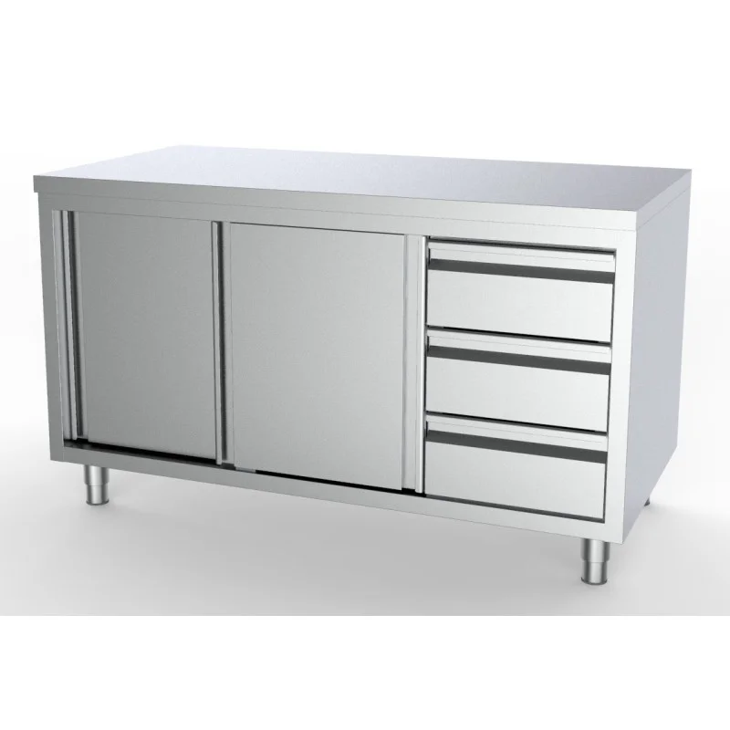 Certifié Meuble Inox Bas - 2 Portes et 3 Tiroirs à Droite - L 1400 x P 700 mm