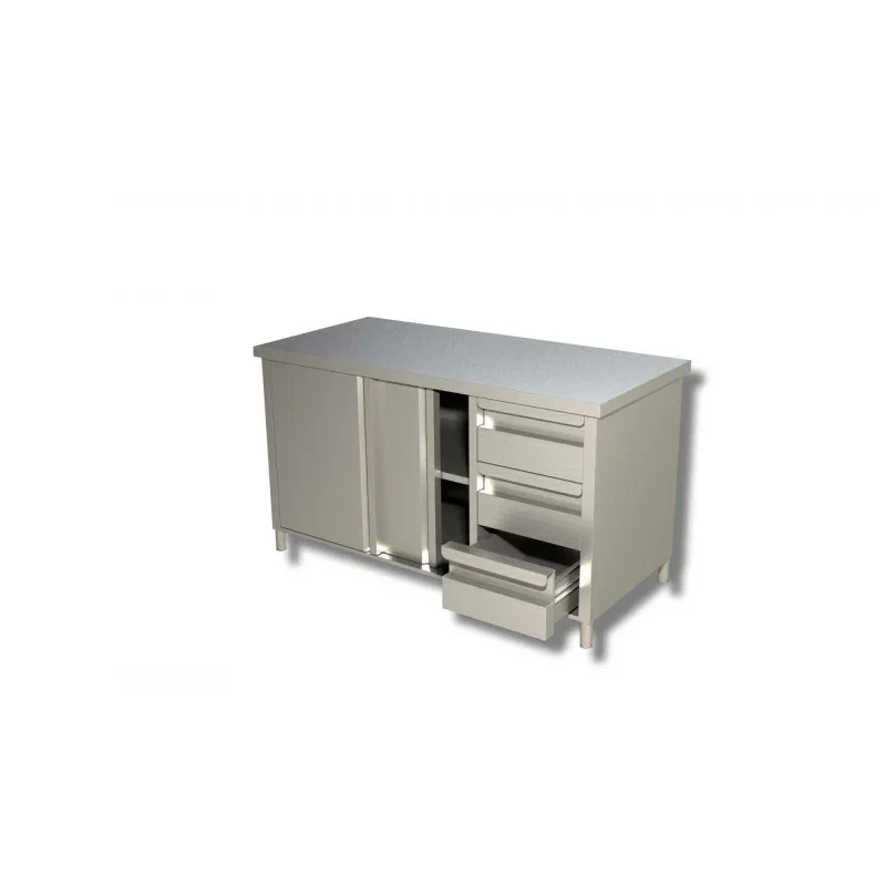 Prix Choc Meuble Inox 3 Tiroirs à Droite et Portes Coulissantes - L 1600 x 700 mm