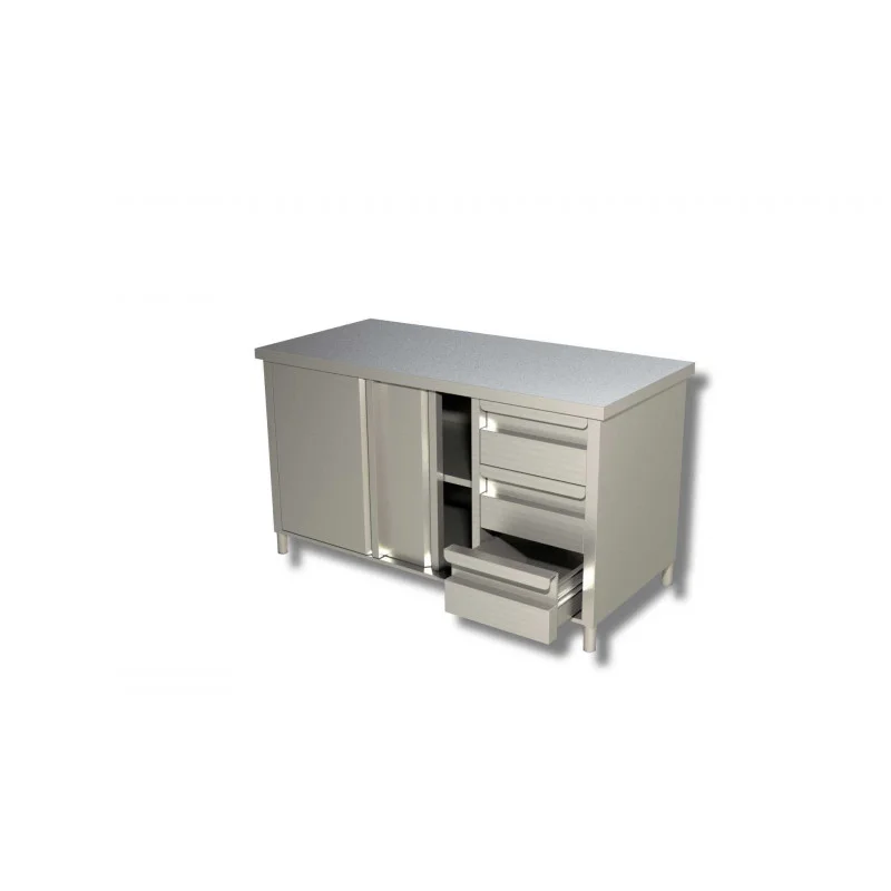 Quantité Limitée Meuble Inox avec Dosseret, 3 Tiroirs à Droite et Portes Coulissantes - L 2000 x 600 mm