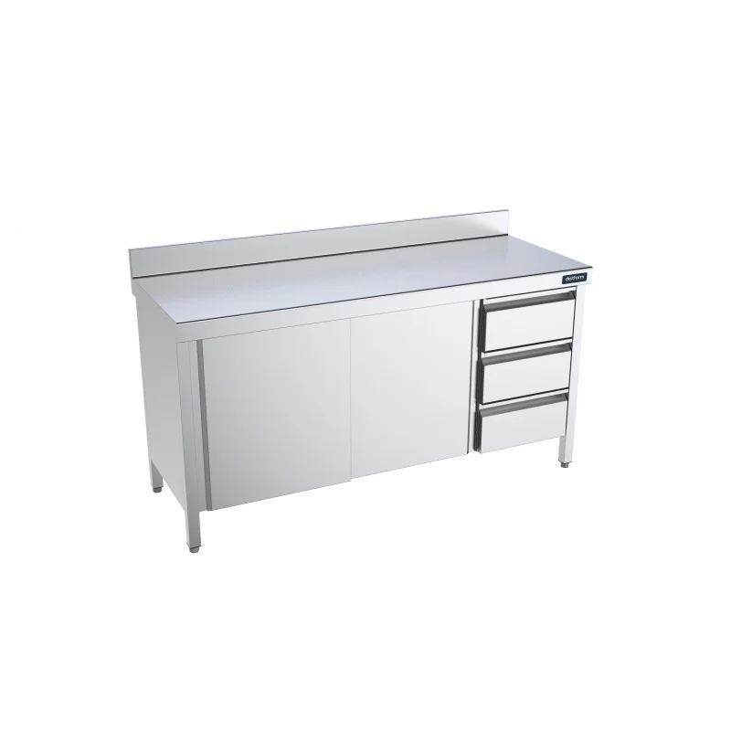 Authentique Meuble Inox Bas avec Portes Coulissantes, Dosseret et Tiroirs à Droite - L 1800 x 600 mm