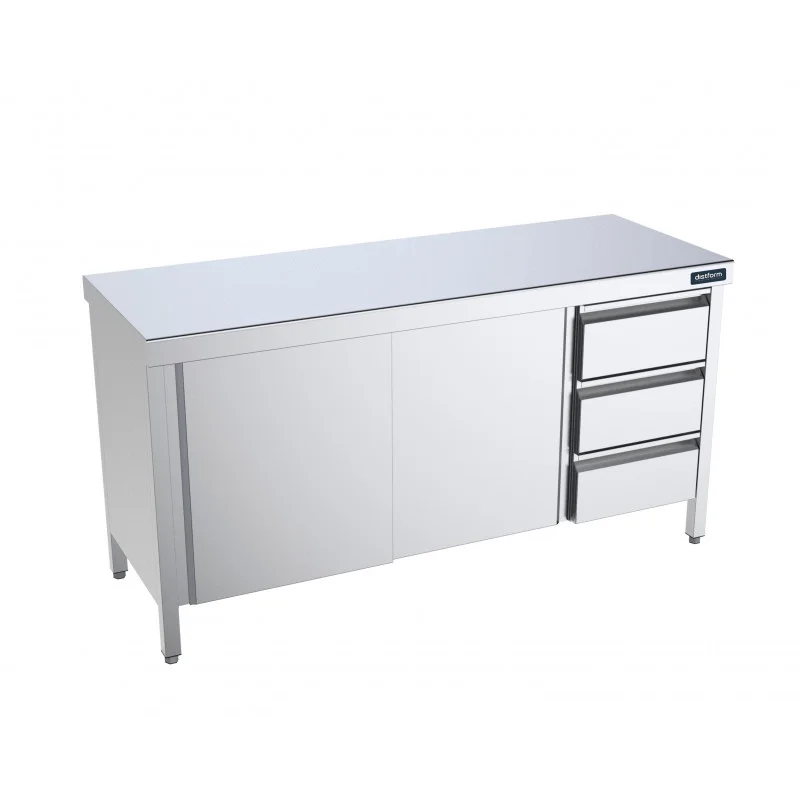 Meuble Inox Bas avec Portes Coulissantes et Tiroirs à Droite - L 2200 x 600 mm Top Vente