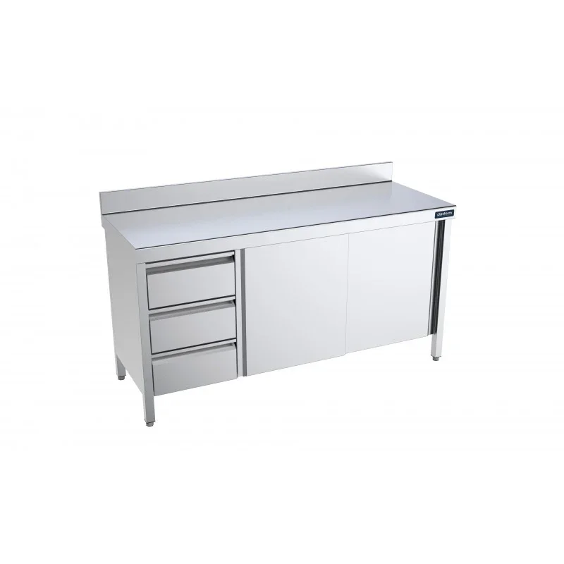 Prix Choc Meuble Inox Bas avec Portes Coulissantes, Dosseret et Tiroirs à Gauche - L 2400 x 700 mm