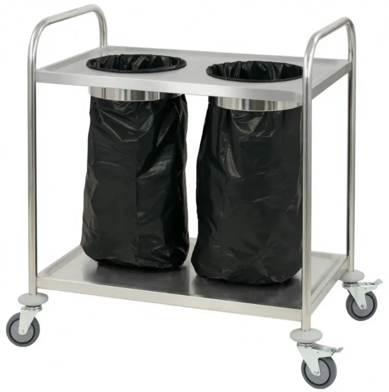 Authentique Chariot porte-poubelle inox 2 plateaux - avec capacité charge 40 kg