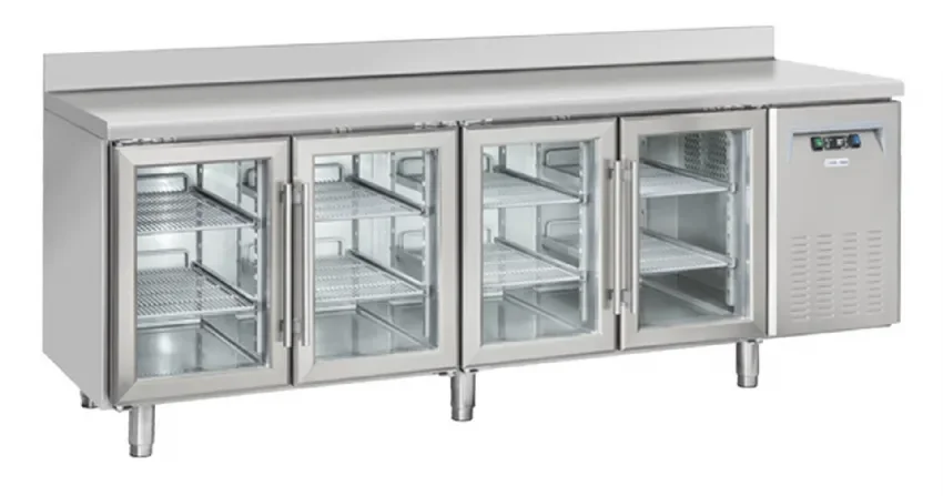 Authentique Table réfrigérée positive 4 portes vitrées avec dosseret gn1/1 inox 570l