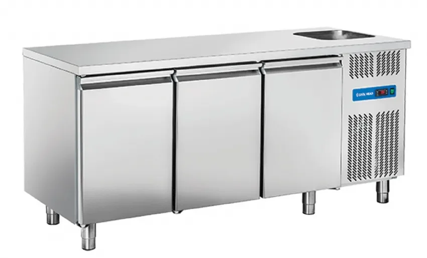 Pas Cher Table réfrigérée positive 3 portes avec évier gn1/1 inox 460l