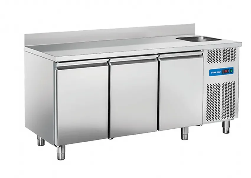 Table réfrigérée positive 3 portes avec évier et dosseret gn1/1 inox 460l Paiement Sécurisé