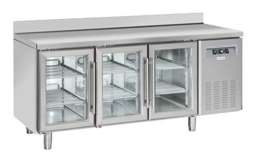 Prix Promo Table réfrigérée positive 325x410 3 portes vitrées dosseret inox 358l