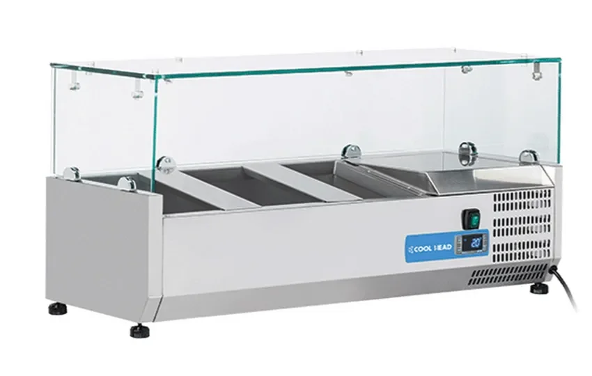 Vitrine horizontale réfrigérée gn1/4 inox couvercle verre trempé 20.5l Populaire