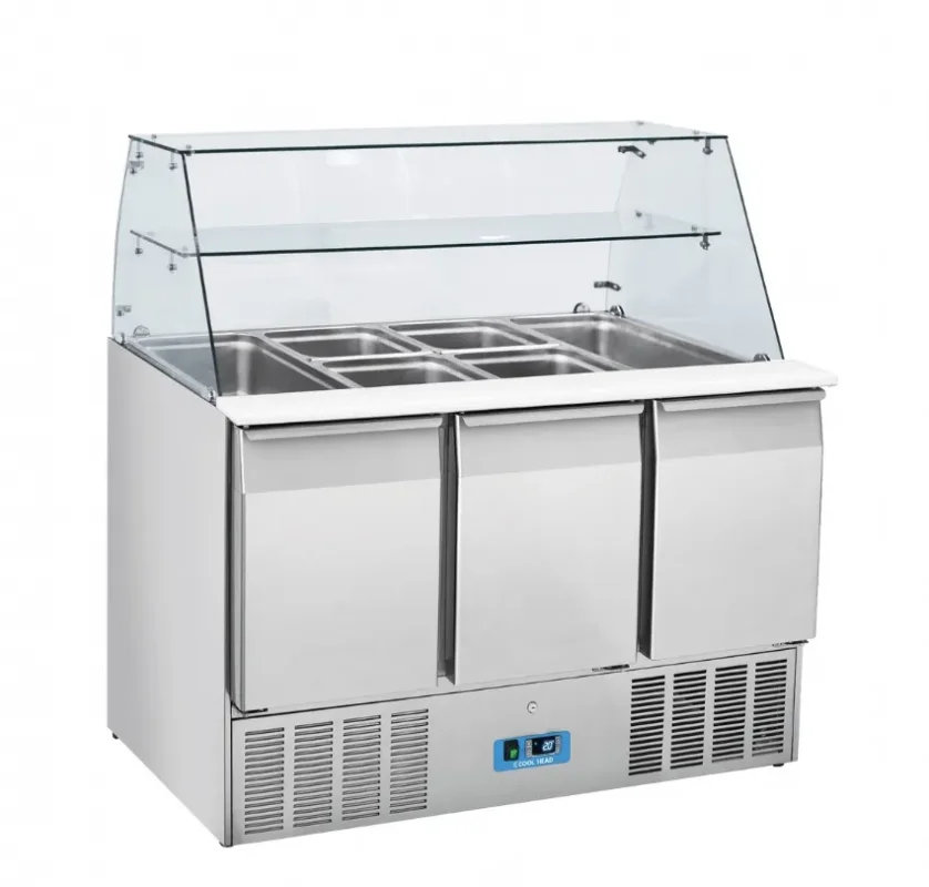 Saladette réfrigérée ouverte 3 portes inox gn1/1 verre trempé incurvé 364 l Bon Marché