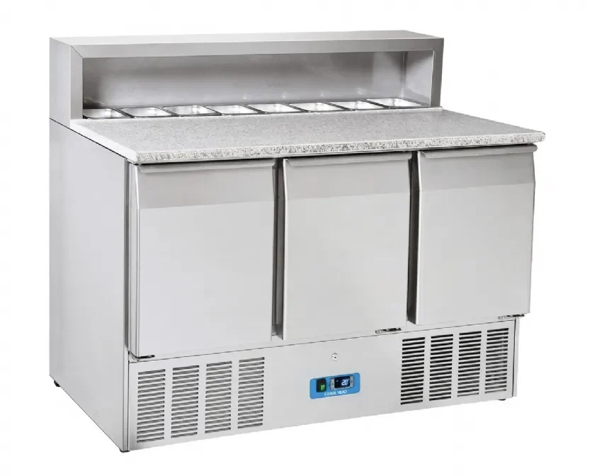 Saladette réfrigérée 3 portes inox gn1/1 dessus pour pizza + 8 contenants gn1/6 416 l Prix Réduit