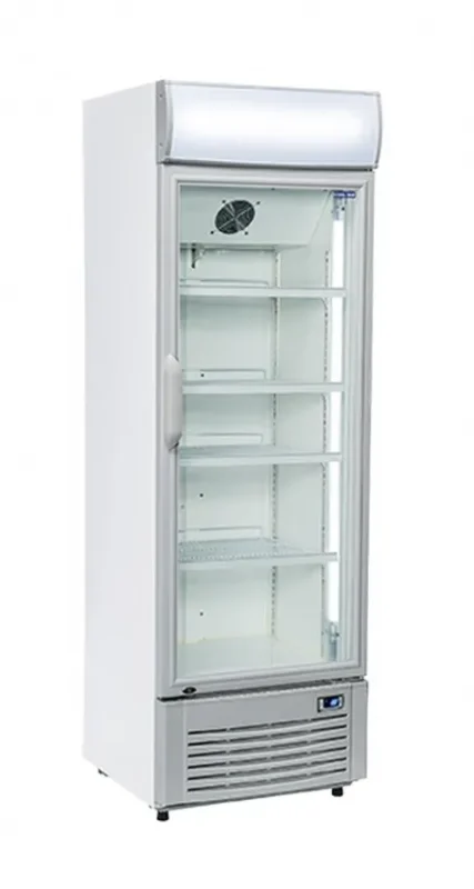 Promotion Saisonnière Réfrigérateur blanc pour boissons 1 porte vitrée + panneau publicitaire 350l