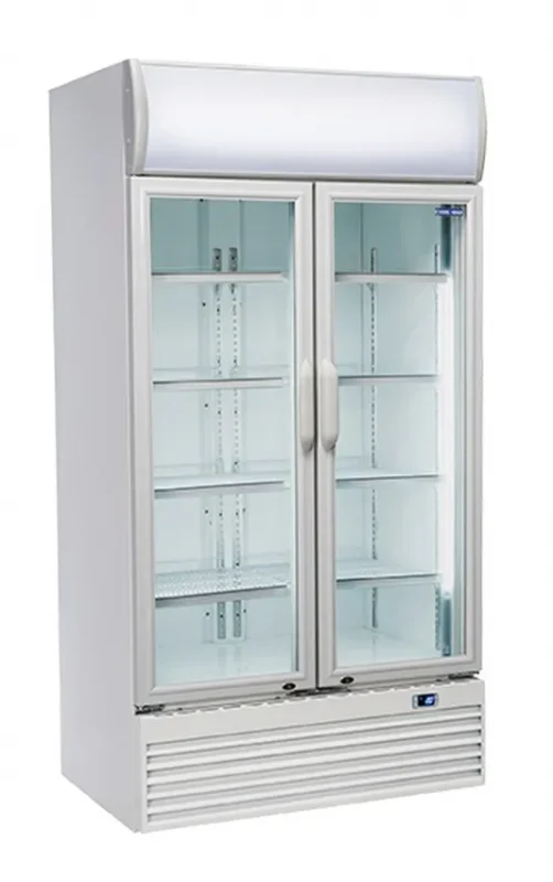 Satisfait Ou Remboursé Réfrigérateur positif blanc pour boissons 2 portes vitrées + panneau publicitaire 800l