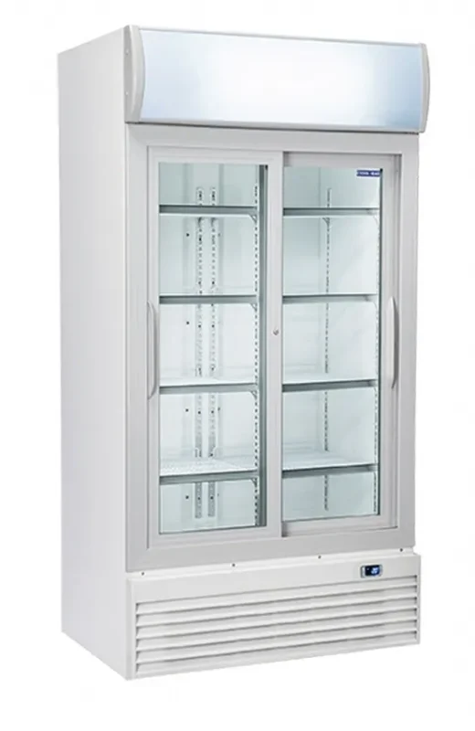 Réfrigérateur positif blanc pour boissons 2 portes vitrées coulissantes + panneau publicitaire 800l Nouvelle Collection