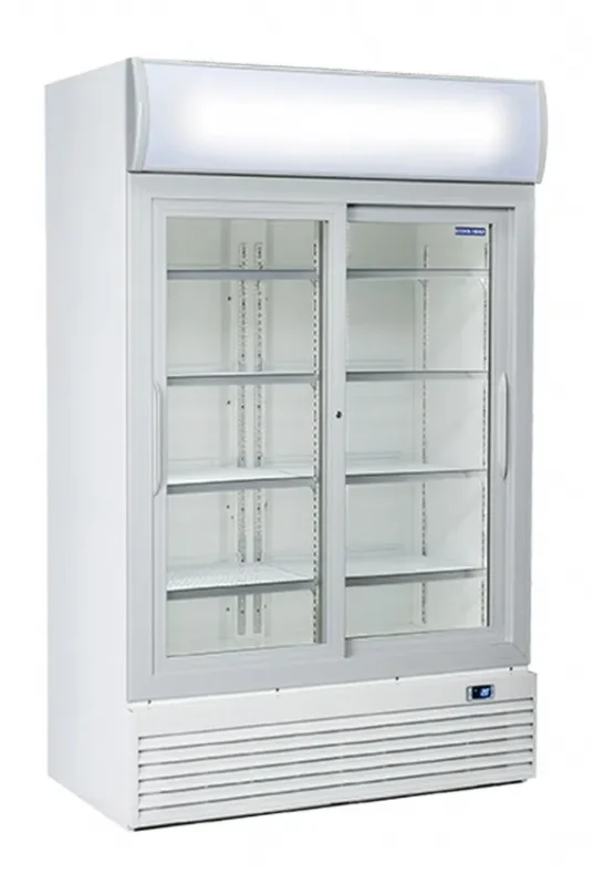 Nouvel Arrivage Réfrigérateur positif blanc pour boissons 2 portes vitrées coulissantes + panneau publicitaire 1000l