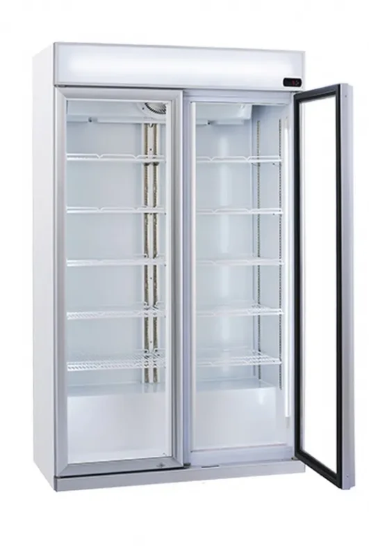 Expédié Aujourd’hui Réfrigirateur positif blanc pour boissons 2 portes vitrées + panneau publicitaire 1050l