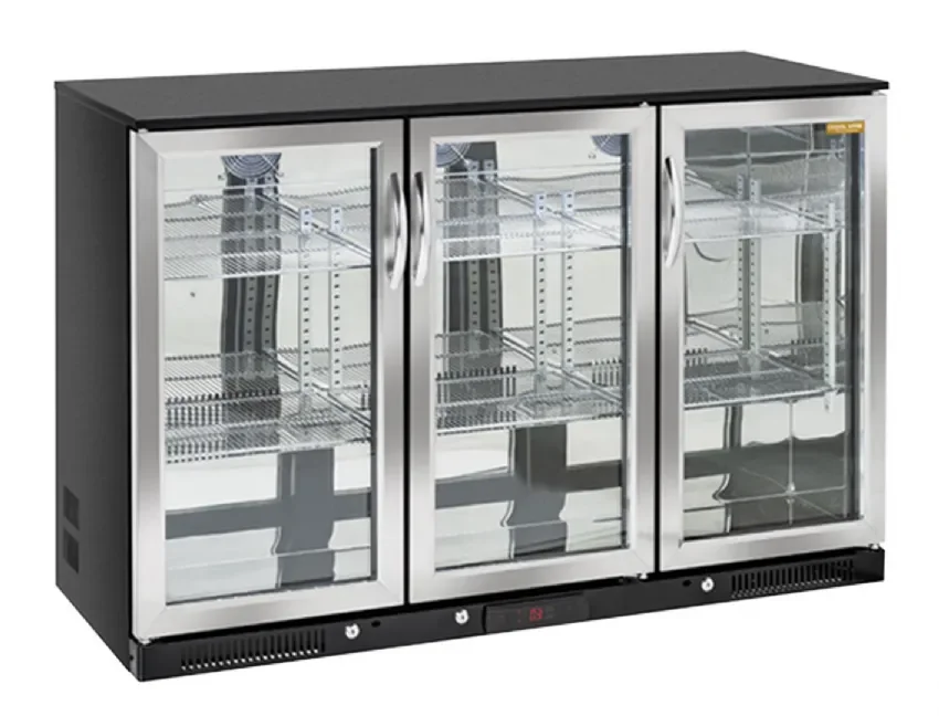 Arrière bar pour boissons noir 3 portes vitrées inox battantes 302l Vente Flash