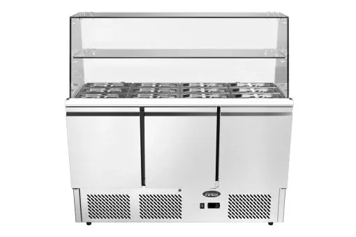 Affaire À Saisir Saladette 3 portes + plan de travail + vitrine de protection droite avec étagère (bacs gn en option)
