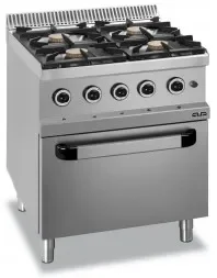 Fourneau professionnel a gaz 4 feux vif 5,5 kw sur four electrique ventilé magristra plus 700 Commander Vite