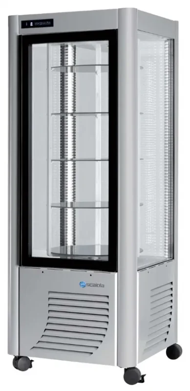 Dernier Modèle Vitrine réfrigérée positive rotative panoramique couleur argent 4 faces vitrées 400l