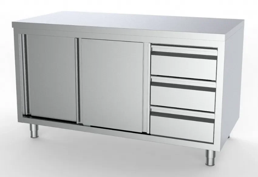 Meuble bas inox de travail neutre 3 tiroirs à droite + portes coulissantes longueur 1600mm Livraison Express