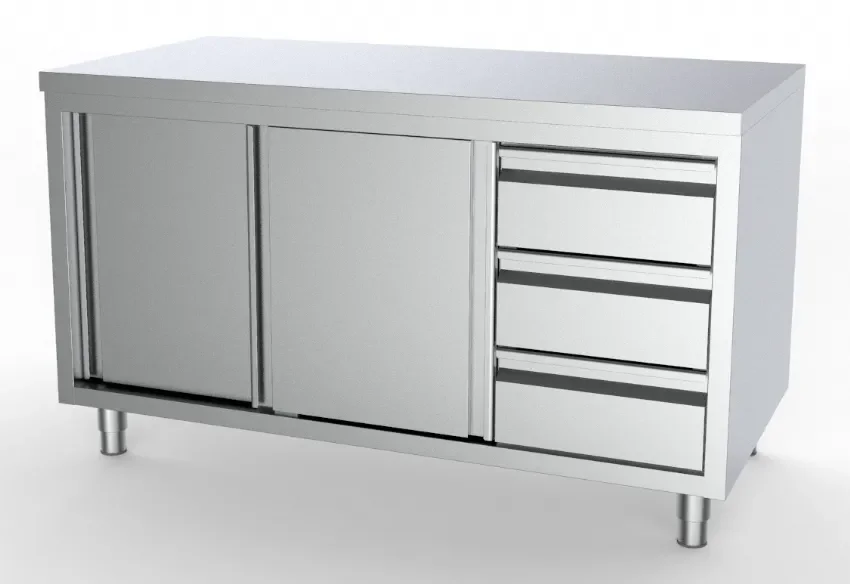 Expédié Aujourd’hui Meuble bas inox de travail neutre 3 tiroirs à droite + portes coulissantes longueur 1800mm
