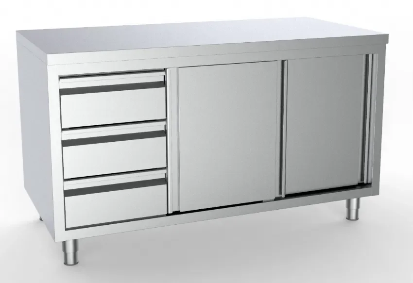 Affaire À Saisir Meuble bas inox de travail neutre 3 tiroirs à gauche + portes coulissantes longueur 1400mm