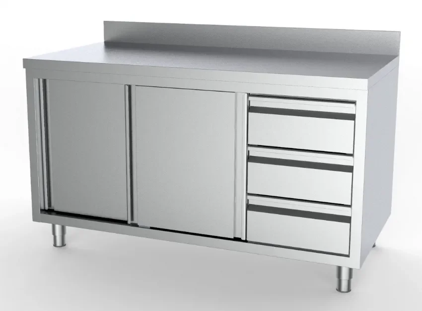 Meuble bas inox de travail neutre avec dosseret 3 tiroirs à droite + portes coulissantes longueur 2000mm Solde