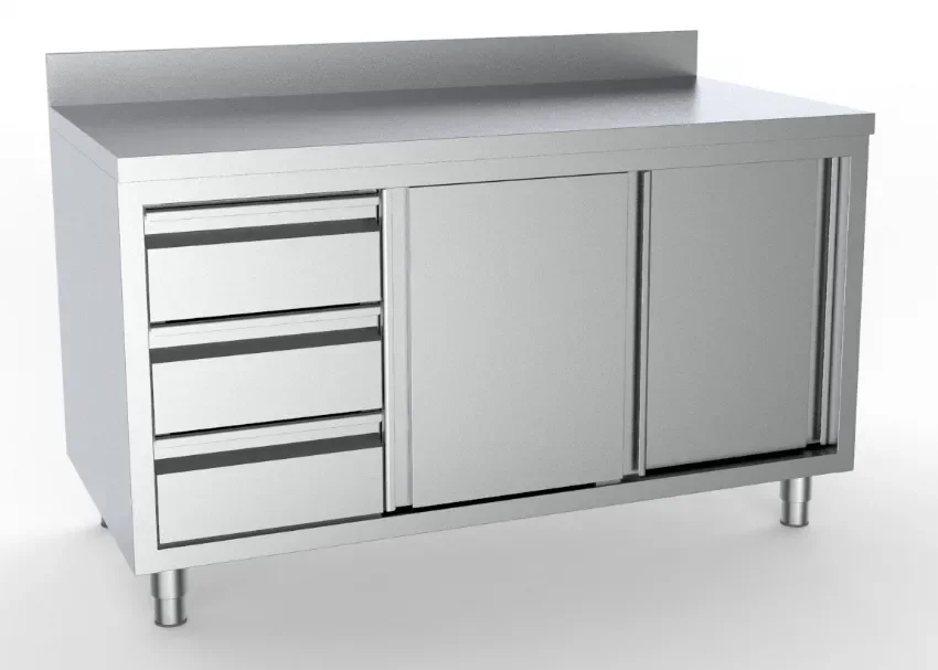 Meuble bas inox de travail neutre avec dosseret 3 tiroirs à gauche + portes coulissantes longueur 1600mm Offre Exclusive