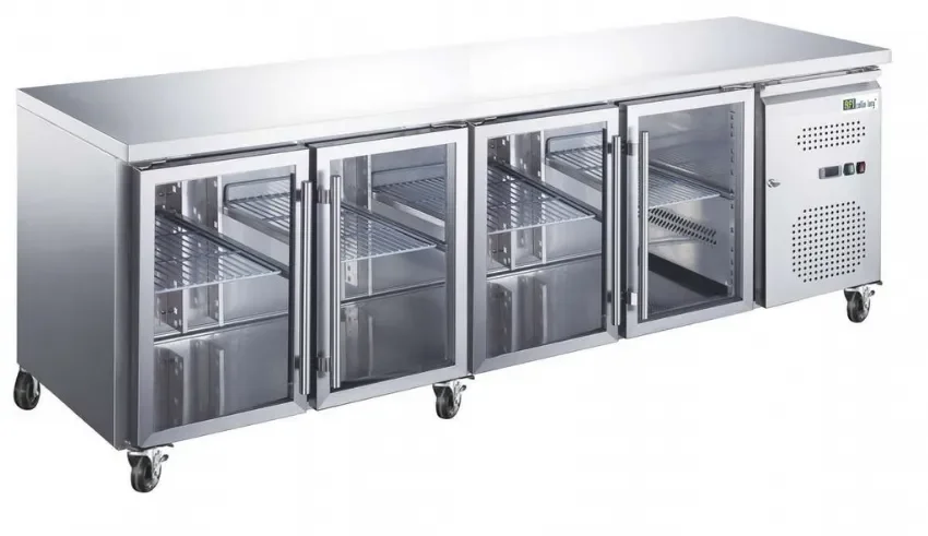 Table réfrigérée positive gn 1/1 avec 4 portes vitrées classe 5 température +2/+8°c Nouvel Arrivage