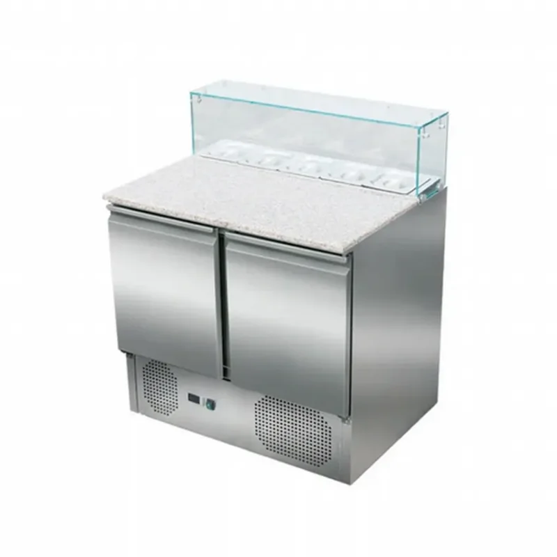 Usine Directe Saladette professionnel 2 portes 288 l avec plan de travail en granit et emplacement pour gn 1/6 x5 avec vitre